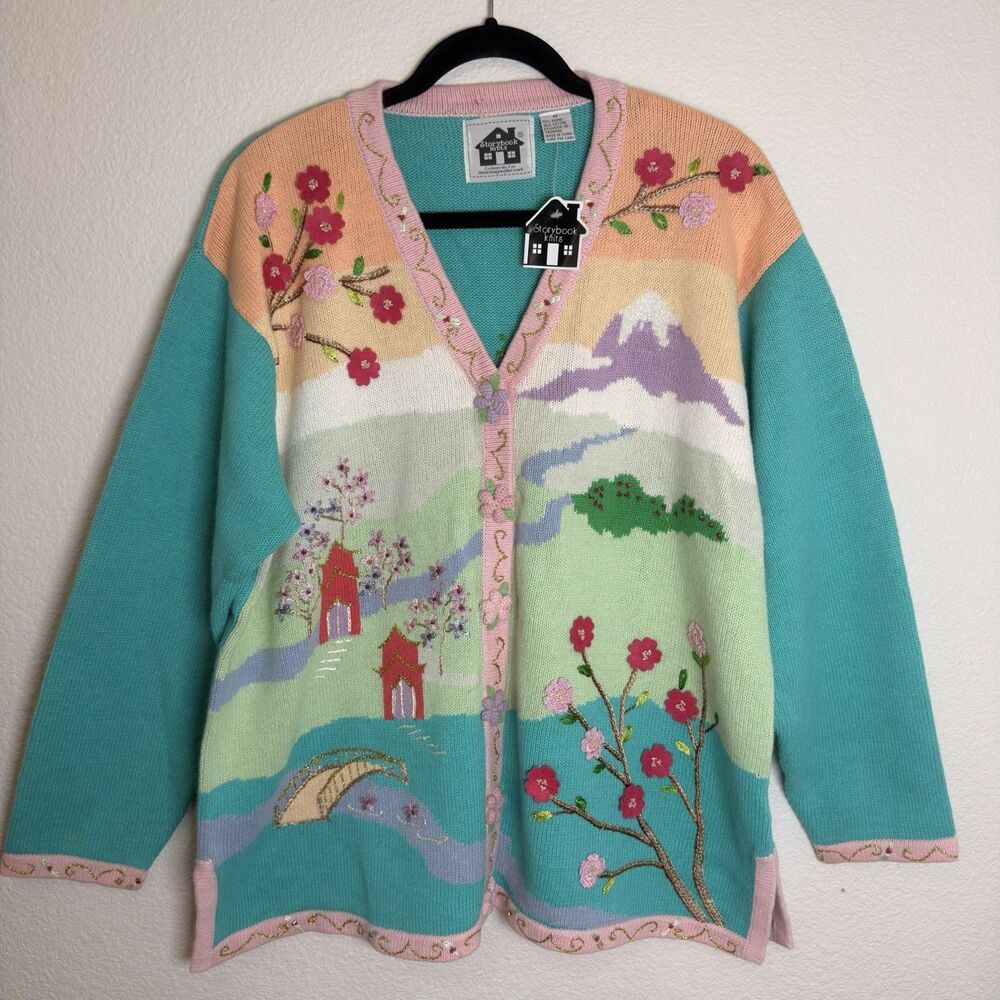 Storybook Knits Cardigan 1X Asian Pagoda Landscape Bridge Embroidered Sweater